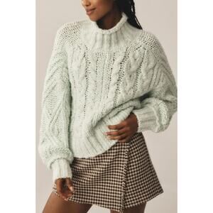 NWT Anthropologie Fisherman Knit Sweater Turtleneck Chunky Mint Womens Size XXS